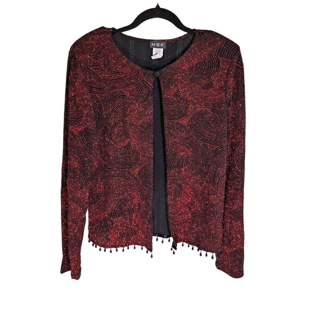 MSK Cardigan Jacket Red/Black All Over Beaded Embellished Artsy Evening Women's